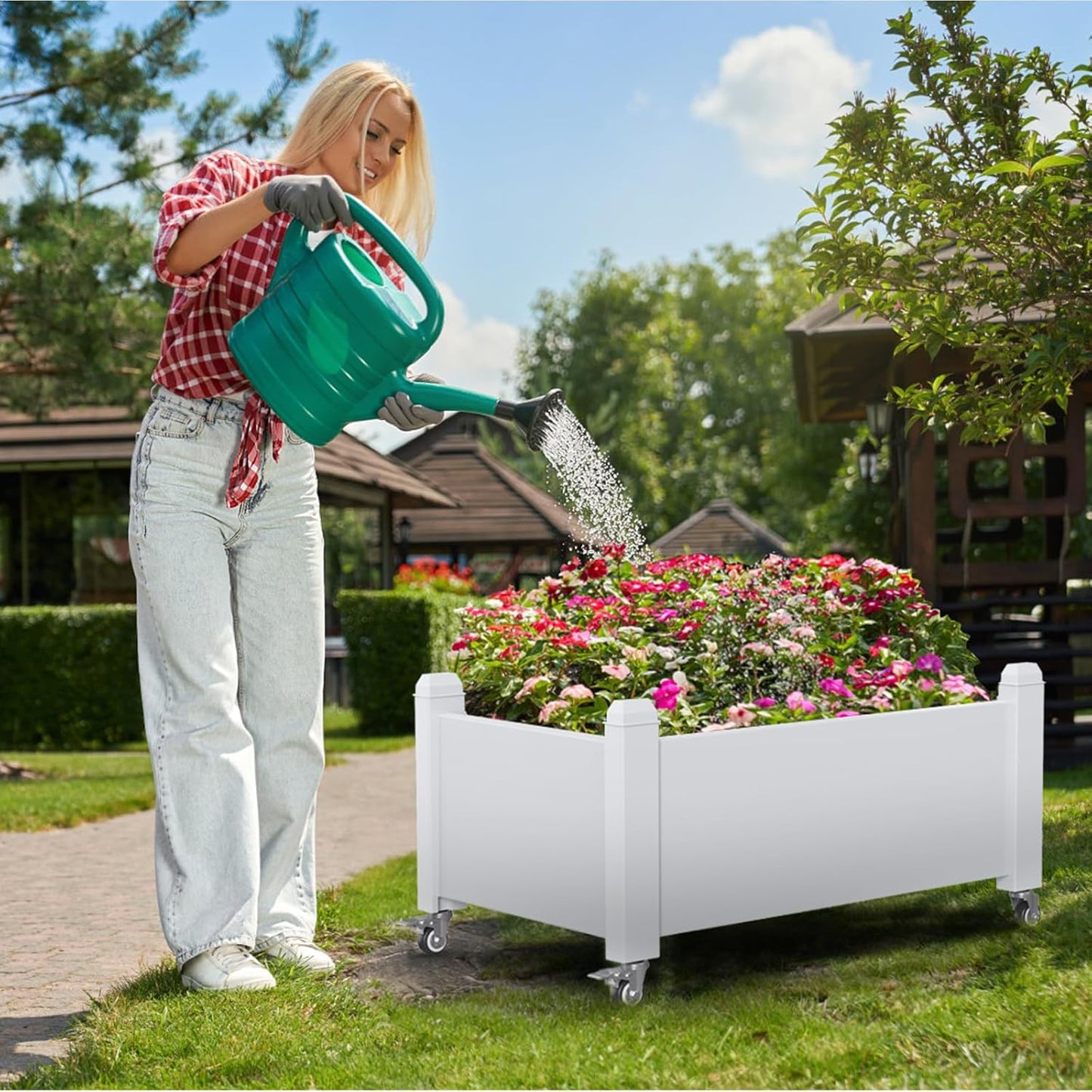 Elevated Raised Garden Bed with Legs,Outdoor Large Resin Patio Planter Box Stand Divisible with Drain Plug,Water Monitor for Plants Vegetables Flowers Fruits(Ashen)