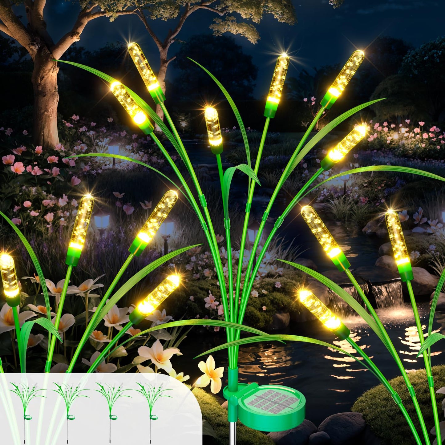 TopVelo Solar Garden Light 30 Inch, 4 Packs Warm White, IP65 Waterproof, Intelligent Light Control, Polyester, Gold