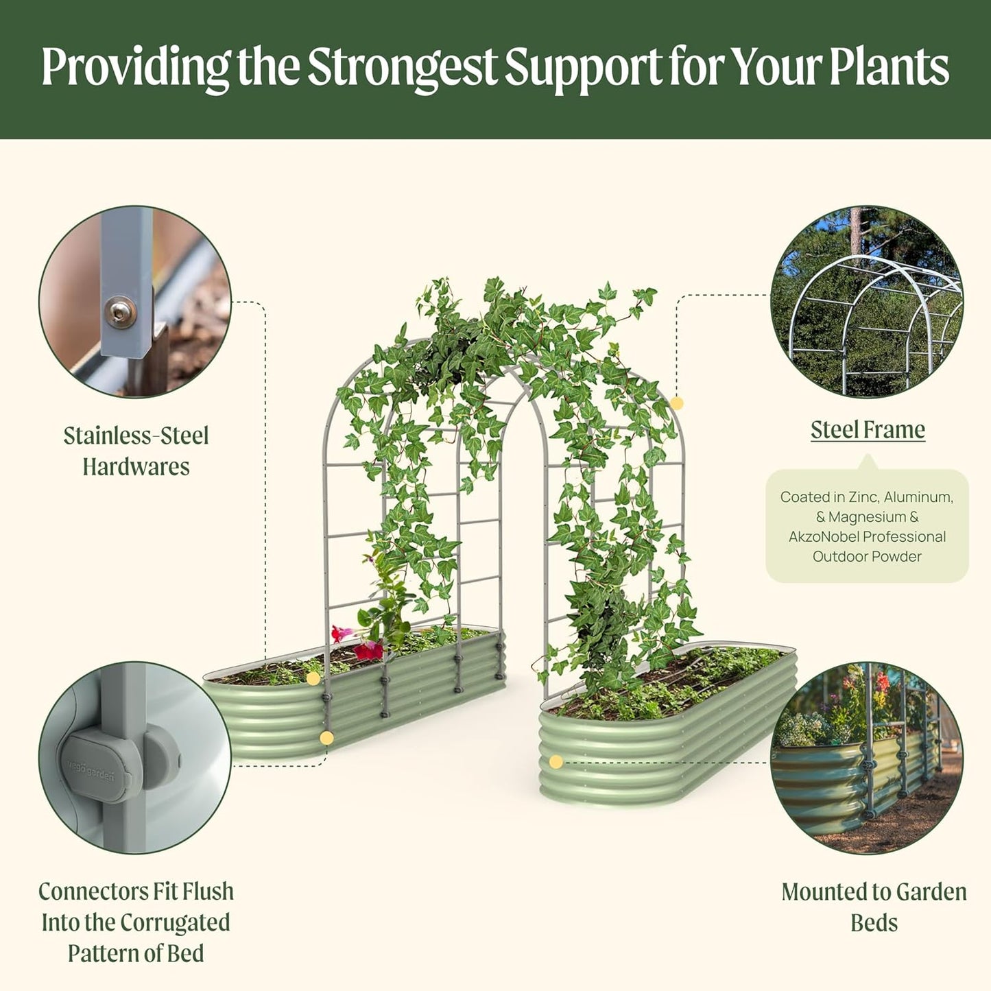 Vego Garden Modular Arched Trellis System 7.0' Long Trellis for 2.5' x 9.5' (10 in 1) Garden Bed