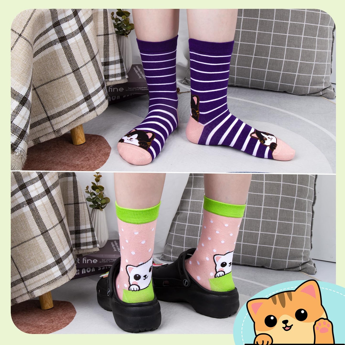 5 Pairs Womens Socks Funny Dog Socks Compatible with Chalier Cute Animal Ladies Sock Gifts for Women,One Size,Striped Cat