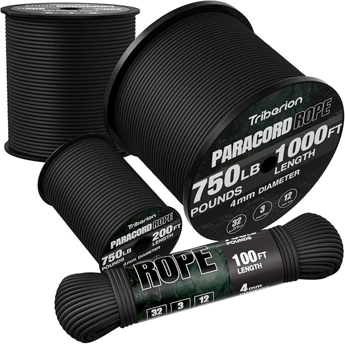 TRIBERION Paracord Rope 750 lb - 1000ft / 500ft / 200ft / 100ft 5/32" Parachute Cord 4MM 12-Strand para Cord - Heavy Duty ...