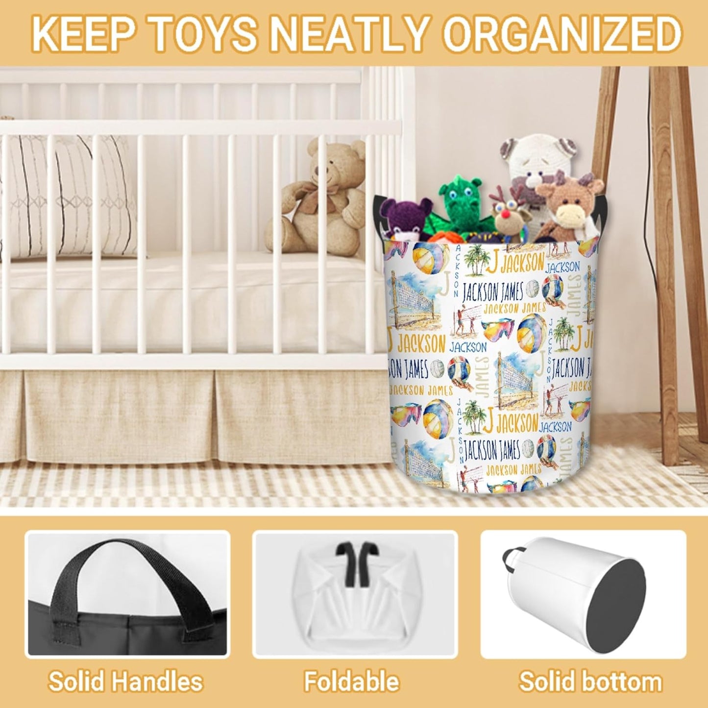 Personalized Volleyball Laundry Basket, Custom Sports Laundry Hamper With Name Gifts For Kids Baby Adults, Collapsible Dirty Clothes Storage Organizer With Handles S 16.5 X 13.8in