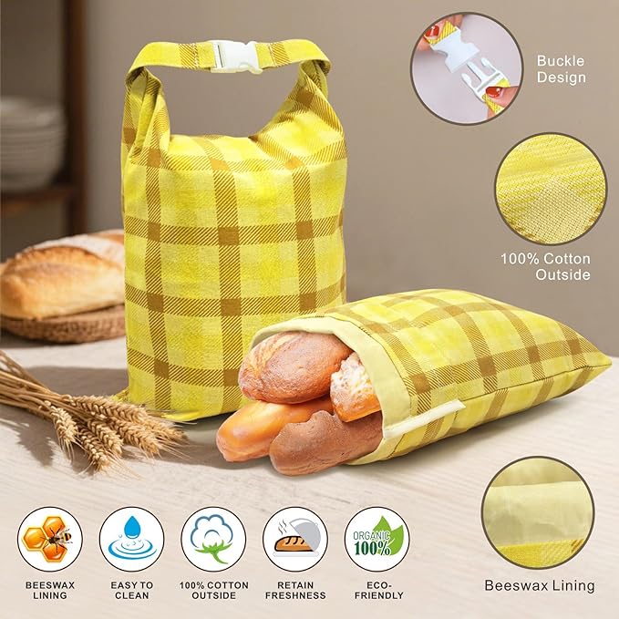 Mosucoirl Beeswax Bread Bags 2 Pack, Reusable Bread Storage Boxes for Homemade Sourdough, Cotton Food Bags Loaf Containers to Keep Fresh Large