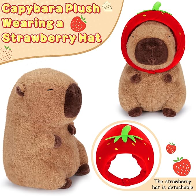 Achwishap Capybara Plush,Cute Plushies Capybara Stuffed Animal,Capybara Plush Toys,Kawaii Plush Stuffed Toy with Strawberry Hat Plushie Gift for Kids Adults Birthday(Capybara with Strawberry Hat,16”)
