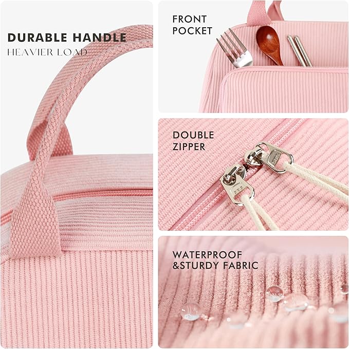 HOMESPON Lunch Bag for Women Men Adults with Front Pocket Cute Corduroy Insulated Lunch Tote Large Capacity Lunch Box Cooler Container for Work Picnic or Travel (Pink)