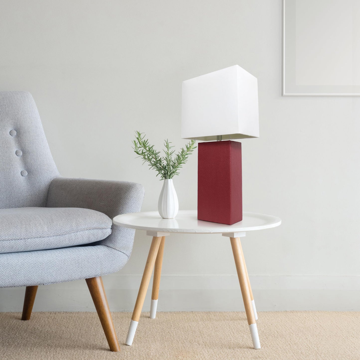 LALIA HOME Lexington 21in Leather Base Bedside Table Lamp, Red, MDF and Fabric Shade for Living Room, Bedroom, Office, Model LHT-3008