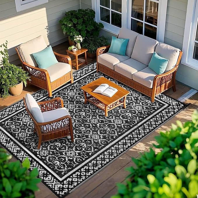 Outdoor Patio Plastic Straw Rug - 5'x8' Outdoor Camping Rug Waterproof Reversible, Area Carpet Patios Clearance RV, Outside Porch Balcony Deck for Camper, Classic Black & White