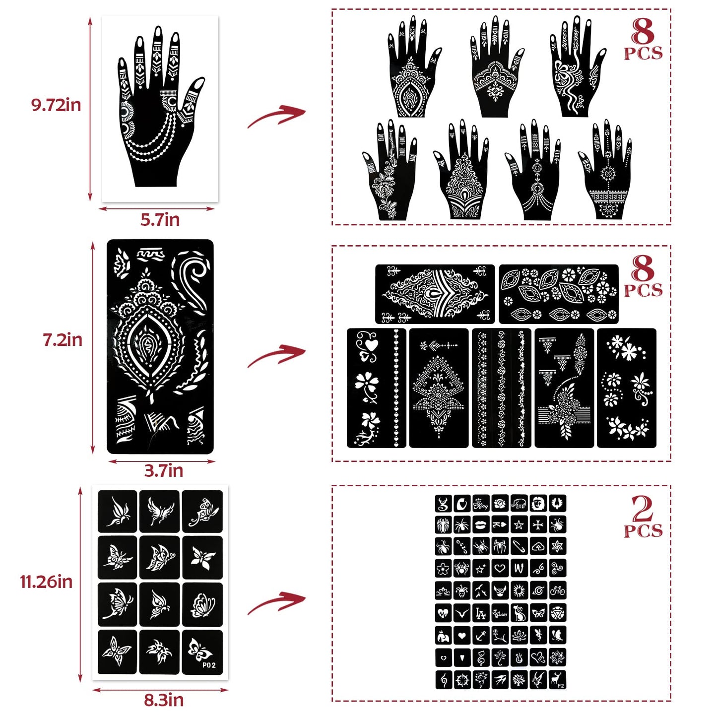 Koogel 18 Sheets Henna Tattoo Stencils, Temporary Flower Patterns Glitter Airbrush Tattoo Kits Arabian Stickers for Women and Gi