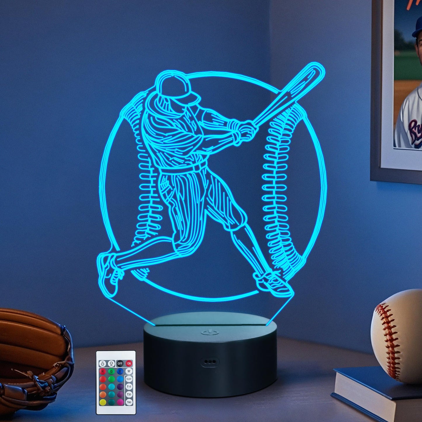 CoolGift Mart 3D LED Baseball Night Light with Remote Control, Multicolor Acrylic, Model FS-2810-9999