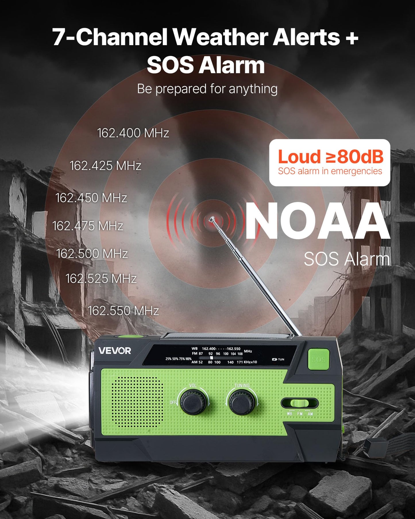 Vevor Emergency Weather Radio, 4000Mah Battery, Fm/Am/Wb/Noaa Alert Solar Hand Crank Emergency Radio, With Usb Charging Cable, S