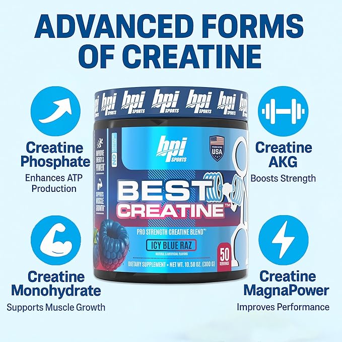 BPI Sports Best Creatine - Creatine Monohydrate Powder for Men & Women, Himalayan Salt - Strength, Pump, Endurance, Muscle Growth, Muscle Definition - No Bloat - Icy Blue Raz - 50 servings - 10.58 Oz