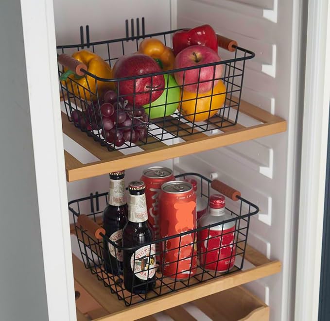Wire Kitchen Storage Basket 2 Packs,Perfect Pantry Organization Accessories Baskets,Laundry Basket,With a Wooden handle,Suitable for Kitchen,Bathroom,Bedroom,Tabletop,Stackable,Black