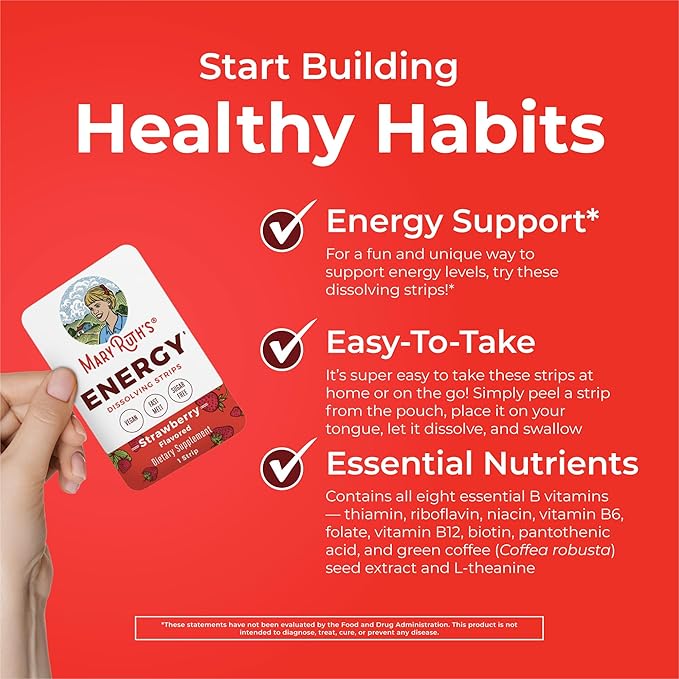 Energy Dissolving Strips by MaryRuth's | Biotin | Vitamin B12 | Vitamin B6 | B Vitamin Complex | Support Energy Levels | L Theanine | Sugar Free | Strawberry Flavor | Vegan | Gluten Free | 30 Count