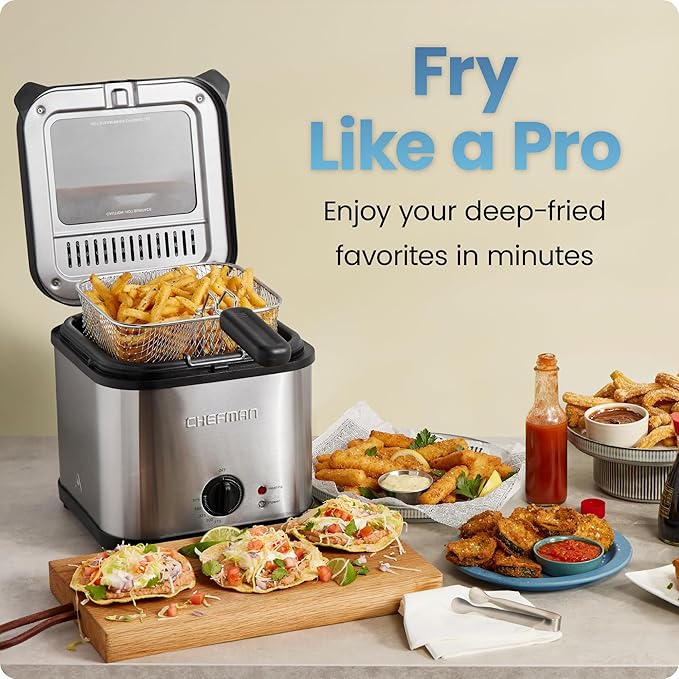 Chefman Fry Guy 2.5 Quart / 10 Cup Deep Fryer with Wire Basket, Hinged Lid with Viewing Window, Adjustable Temperature, Perfect for Fried Chicken, Shrimp, French Fries, & Chips – Stainless Steel