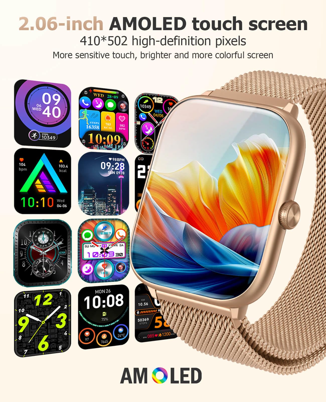 2025 Smart Watches for Women with Blood Pressure Monitor, 2.06" AMOLED Display, IP68 Waterproof Fitness Tracker, 118 Sports Modes, Heart Rate/SpO2/Sleep Monitor, Compatible with Android iPhone