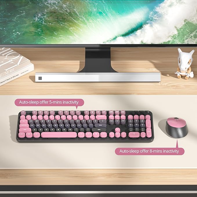 Wireless Keyboard and Mouse Set, Retro Typewriter, 2.4GHz Full Size 104-Key Cute Keyboard with Number Pad, Colorful with Round Keycaps for Windows PC Laptop(Berry Powder)