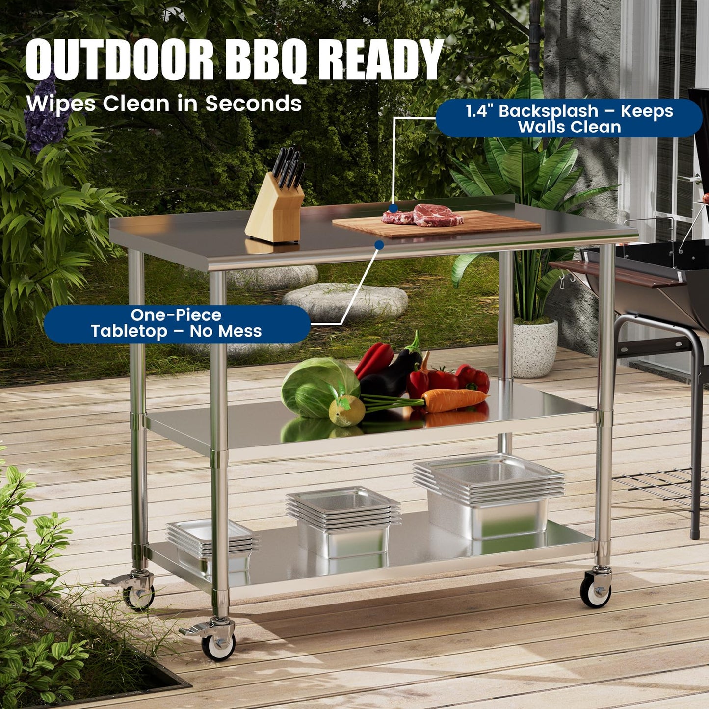 Chingoo Stainless Steel Work Table with Wheels, 24x60 Inch NSF Food Prep Table with Backsplash & 2 Adjustable Undershelves for Commercial Kitchen, Restaurant, Garage