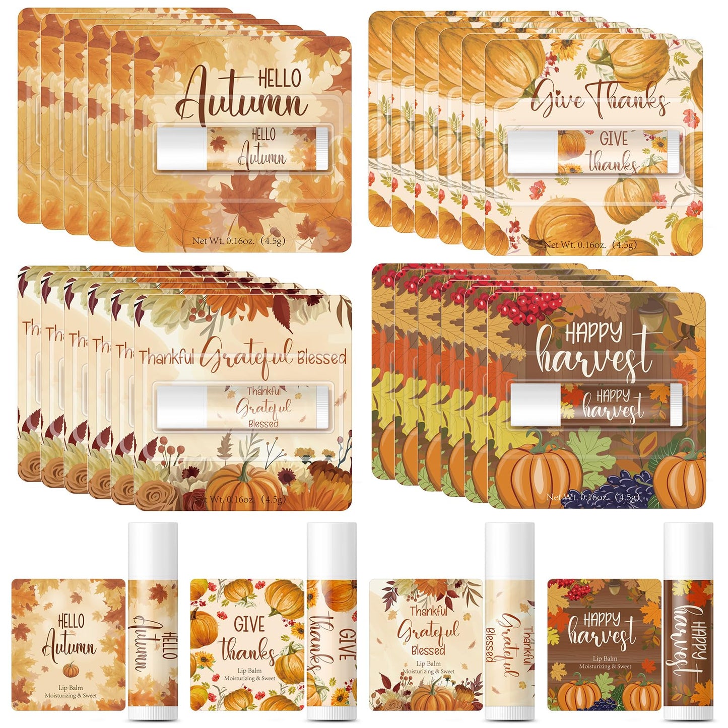 Qunclay 24 Pcs Thanksgiving Fall Pumpkin Lip Balm Bulk Maple Leaf Lip Balms Gifts Thanksgiving Baby Shower Party Supplies Thank