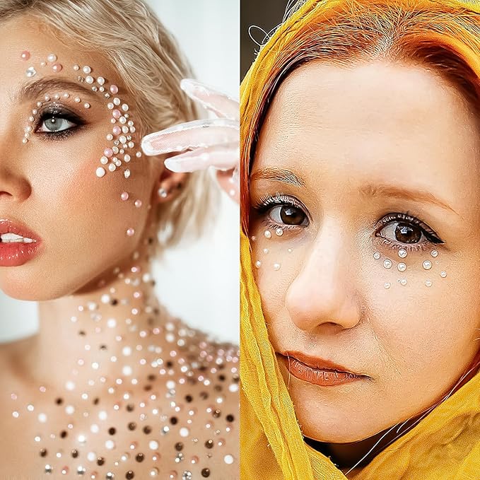 3/4/5/6MM Face Gems Pearls for Makeup Rhinestone Stickers for Crafts White Stick on Body Clear Crystal Tweezers Decals White Hair Nails Craft DIY Gems for Nails Makeup Decor 975PCS