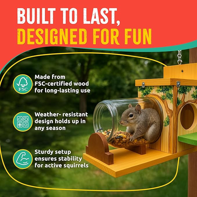 SparkJump Squirrel Feeder Kit - Sustainable FSC Wood, Easy Mounting and Assembly, Kid-Safe Mason Jar, Perfect for Outdoor Squirrel Watching & Feeding