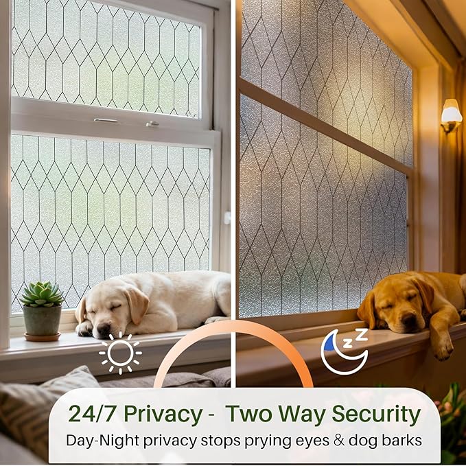 Windimiley Window Privacy Film Stained Glass Static Clings, Bathroom Frosted Leaded Decorative Window Stickers, UV Heat Blocking Opaque Removable for Home Door Coverings (17.5 x 118.1in,Pure)