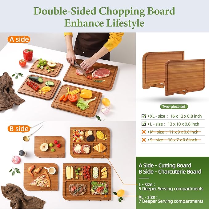 2-PCS Bamboo Cutting Board Set, Wood Cutting Board for Kitchen with Innovative Stand, Juice Groove & Handle, Double Sided for Chopping & Charcuterie Board, Kitchen Gift for Home Cooks, For Meat &Fruit
