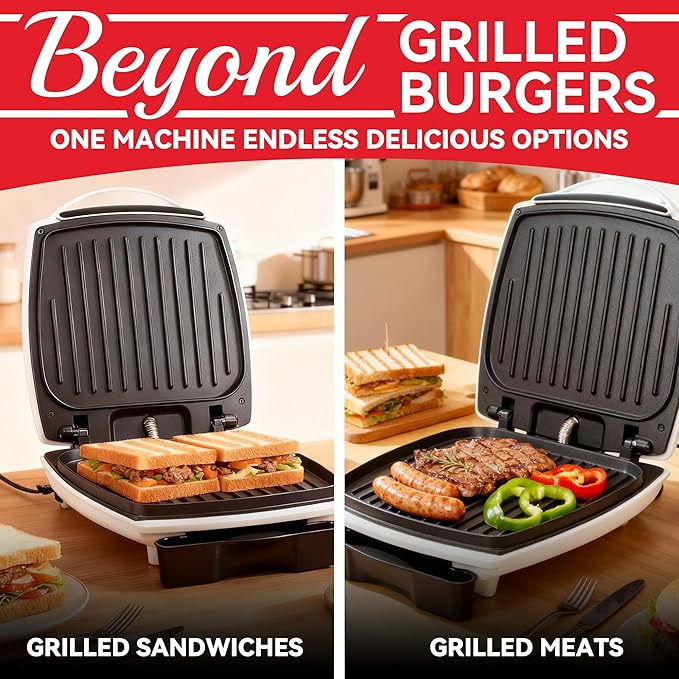 2 In 1 Hamburger Grill Maker, Electric Indoor Grill and Panini Press with Non-stick Grill Plates, 1200W, Easy to Clean and Store, White