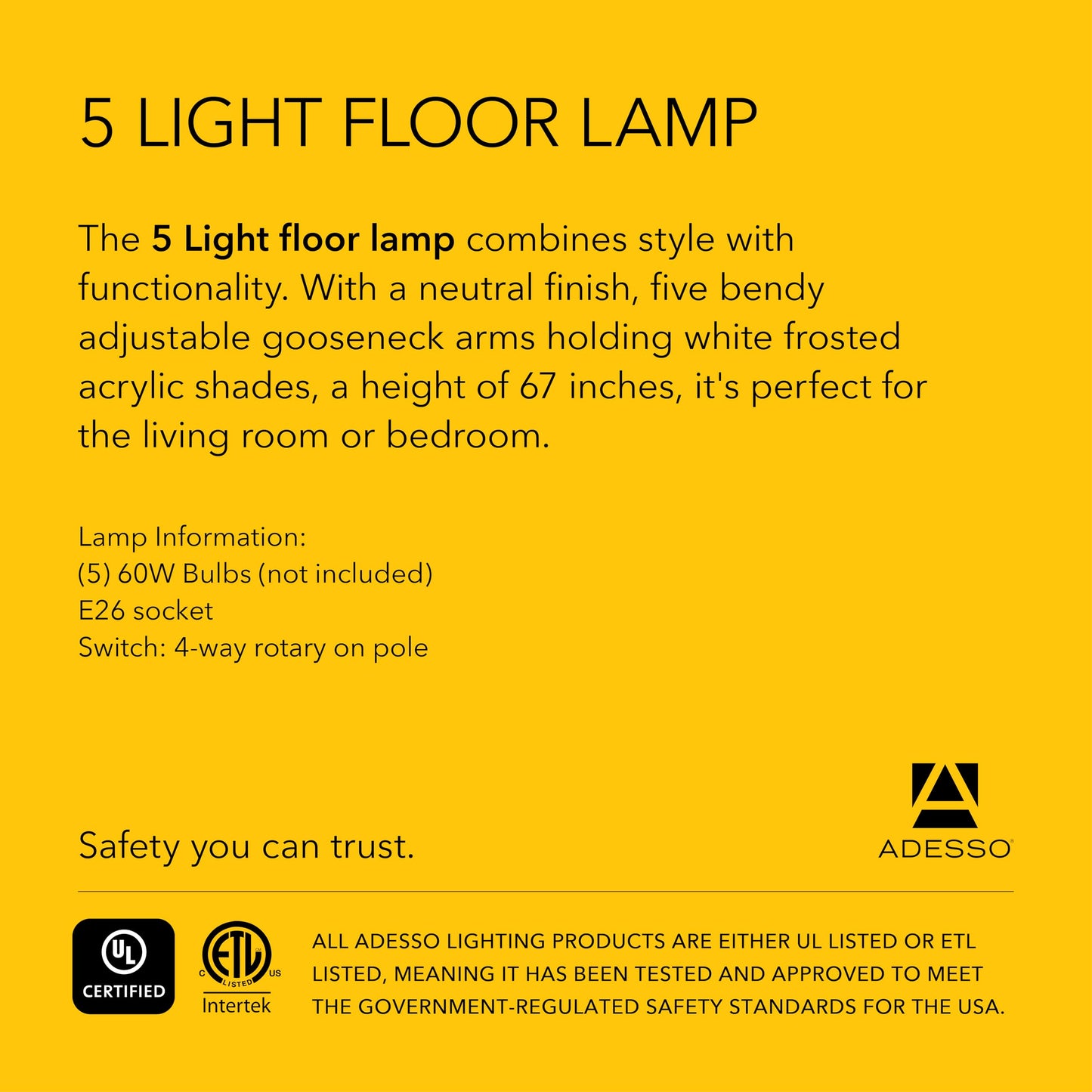 Adesso Floor Lamp With 5 Movable Shades, Adjustable Brightness, Black, Model 7205-22, Ideal For Bedroom Decor & Art Studios