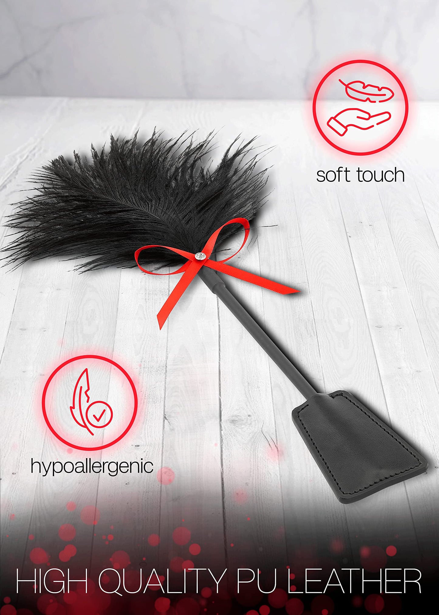 MILOPEDOX Black Feather Tickler for Fun Play, Feather Ticklers Teasers, Crop Toys Role Play Couple Cosplay, Satin Blindfold Eye Mask Red 59"