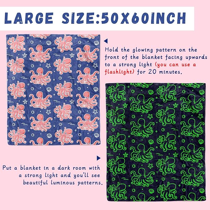Octopus Blanket Twin Size Glow in The Dark Ocean Blanket Soft Octopus Gifts Toys Decor Blue Fleece Kids Throw for Christmas Birthday