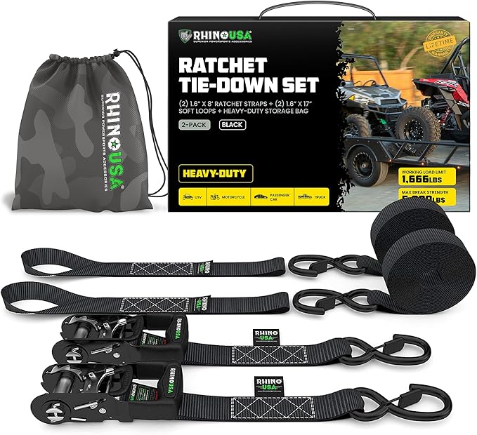 RHINO USA Ratchet Straps Tie Down Kit, 5,208 Break Strength - Includes Heavy Duty Rachet Tiedowns with Padded Handles & Co...