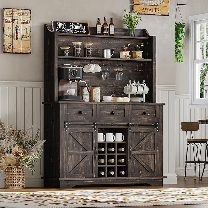 63 Inch Tall Coffee Bar Cabinet with 3-Tier, Kitchen Hutch with 3 Large Drawers, Farmhouse Coffee Bar with 9 Wine Racks & 3 Glass Holders, Wine Storage Cabinet for Living Dining Room, Oak