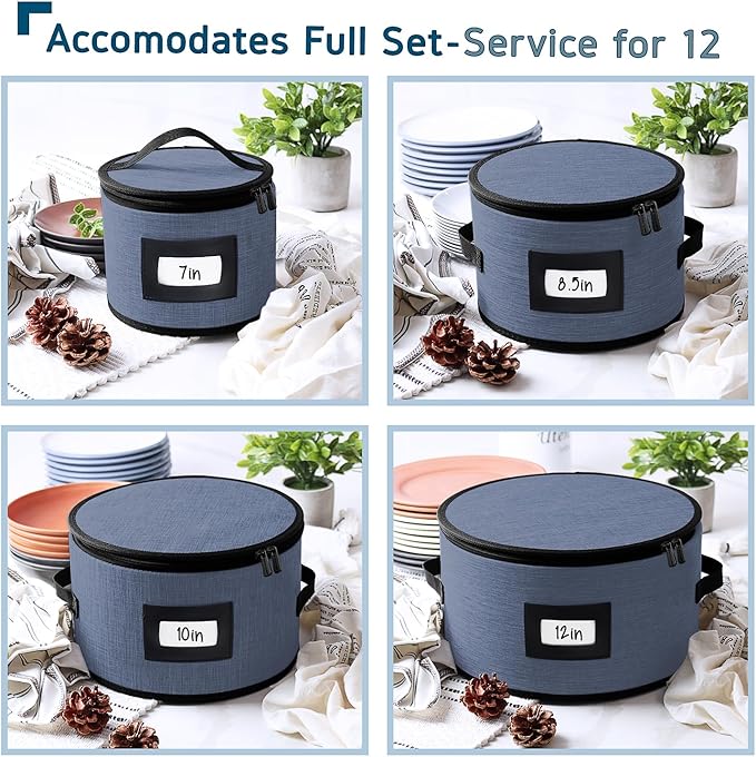 Fine China Storage Containers Hard Shell, 4 Piece Dish Storage Containers, Quilted Plate Containers, Stackable Dish Organizer with Dividers, Dinnerware Storage for Moving and Seasonal Storage, Blue