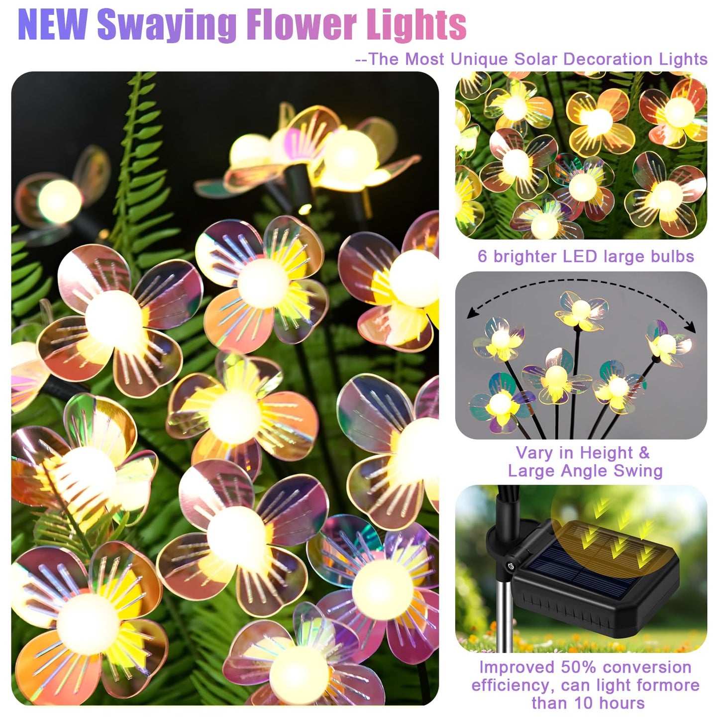 NBQQ Solar Firefly Lights - 4-Pack Waterproof Outdoor Decor, Iridescent Petals, Warm White Glow, Upgraded Flowers Swaying