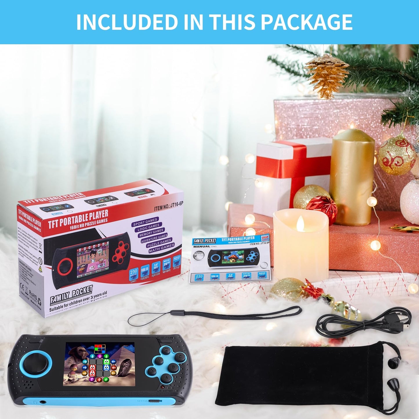 16 Bit Handheld Game for Kids Built-in 230 HD Classic Retro Video Games USB Rechargeable 3.0 Inch Childrens Travel Electronics Toys Portable Gaming Player System Gift for Boys Girls Ages 4-8-12