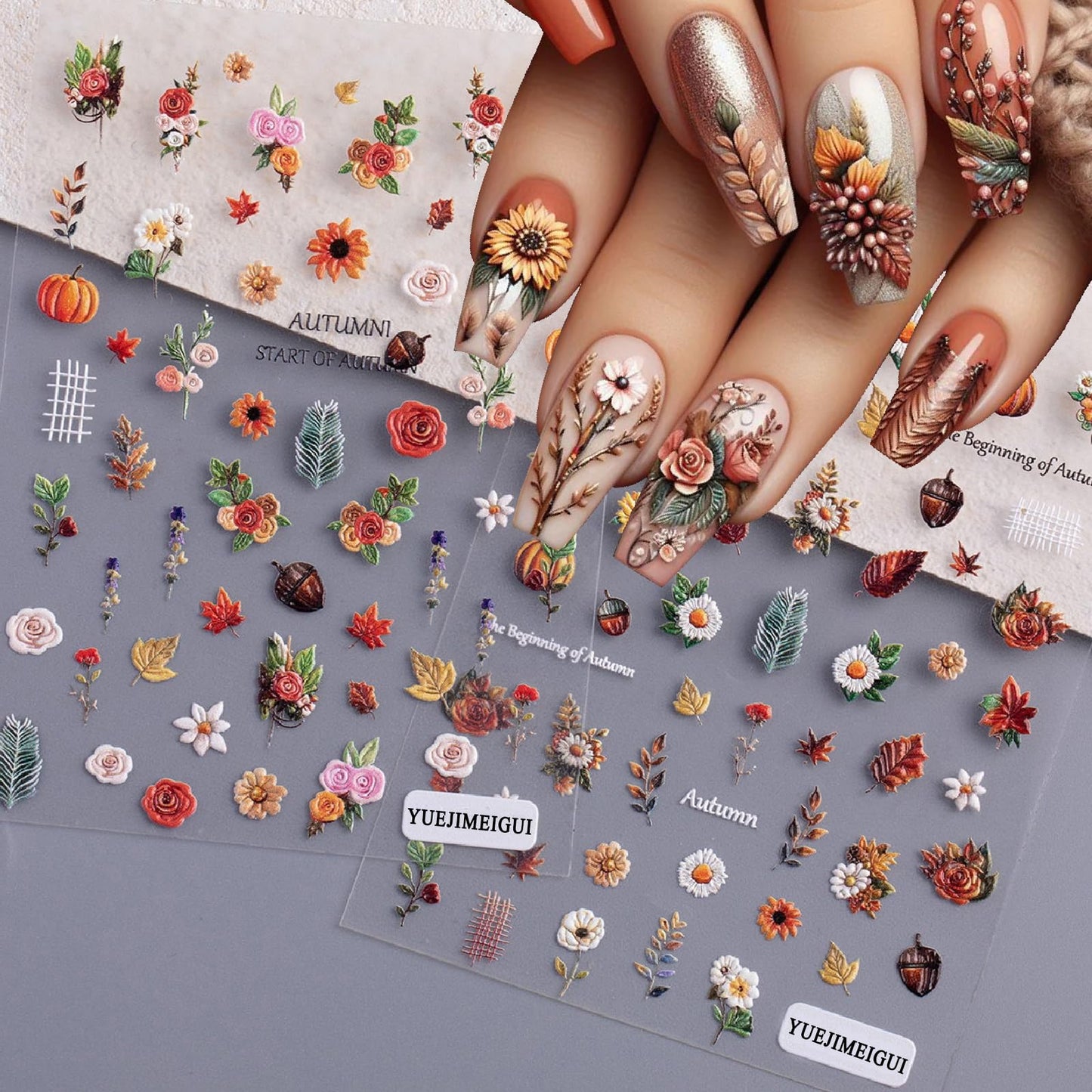 2 Sheets Maple Leaf Nail Art Sticker 5D Embossed Thanksgiving Pumpkin Nail Stickers Pinecone Rose Ginkgo Leaf Design Nail Decals