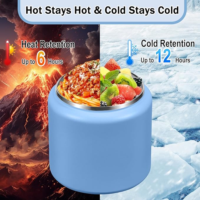 26oz Kids Jar for Hot Food, Insulated Vacuum Food Jar with Buckle Lid, Stainless Steel Wide Mouth Leak Proof Insulated Lunch Container for School Picnic Travel, Sky Blue