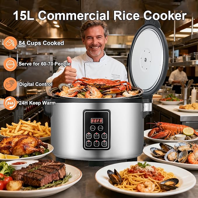 15L Commercial Large Rice Cooker (84 Cup Cooked),6-in-1 Electric Rice Cooker & Food Warmer,Multifunctional Resturant Smart Cooker, 24-Hr Delay Timer, LED Display,Auto Keep Warm,Non-Stick Inner Pot
