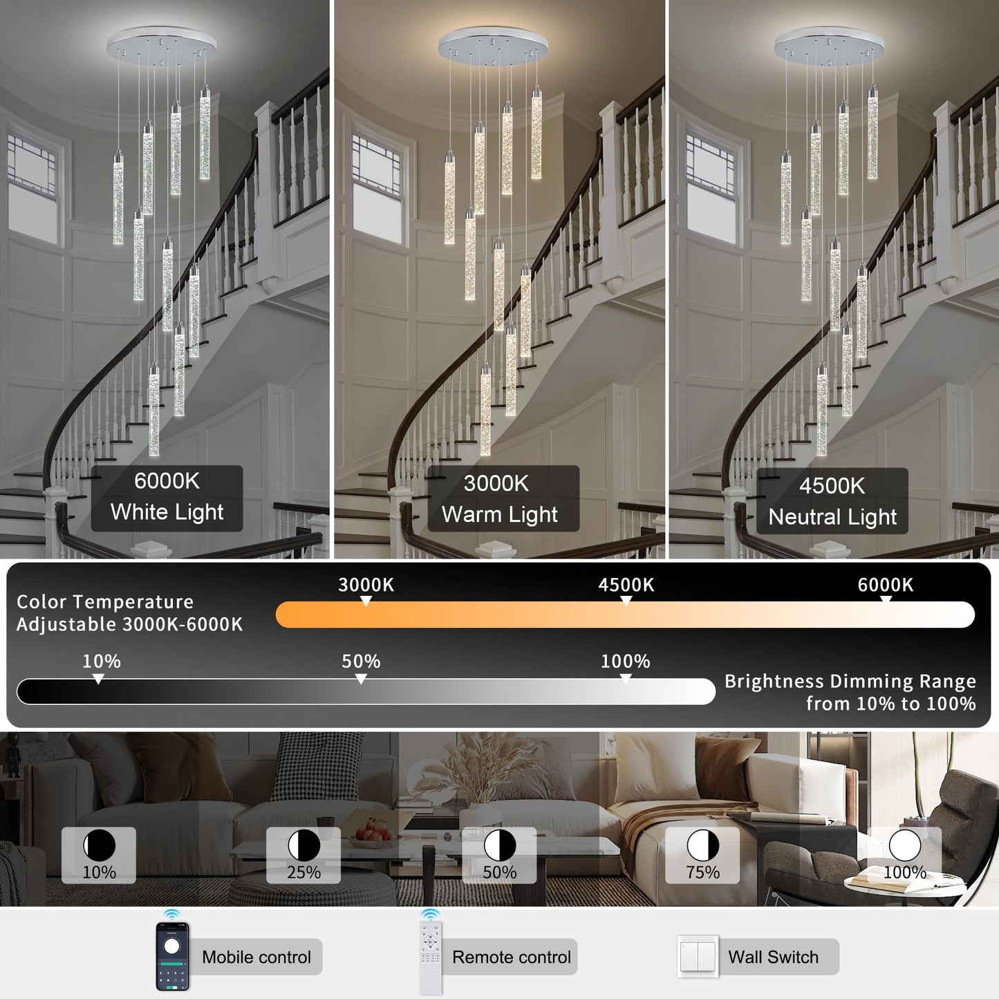 YwueChwu Crystal Staircase Chandelier, 9 Lights, Dimmable LED, Silver, Model YWSC-S09-0116