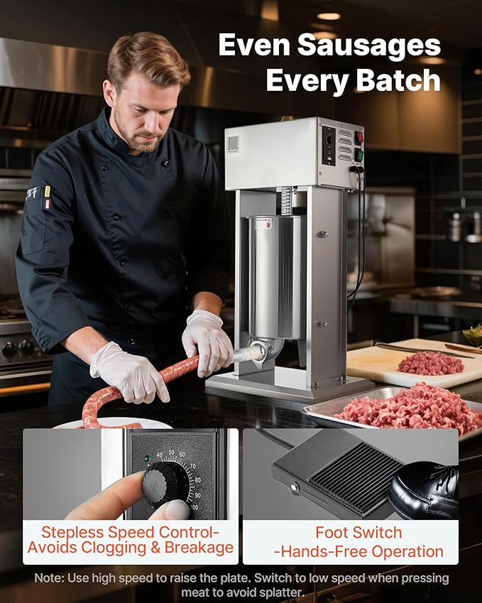 VEVOR Electric Sausage Stuffer, 25 LBS / 12 L Vertical Meat Stuffer, Stepless Speed Control and Foot Pedal, Stainless Steel Heavy Duty Sausage Filler with 4 Stuffing Tubes, for Commercial & Home Use