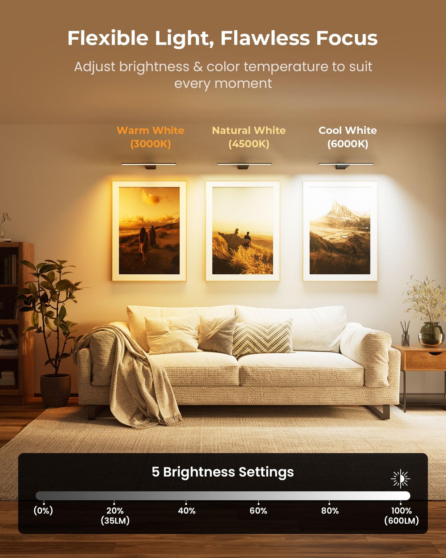 2 Pack Picture Light for Wall Rechargeable Art Light with Remote, 3 Colors & 5 Brightness Levels, 12000mAh Battery Operated Lights for Pictures,Painting,Gallery, Bedroom, Hallway, Frame, Living Room
