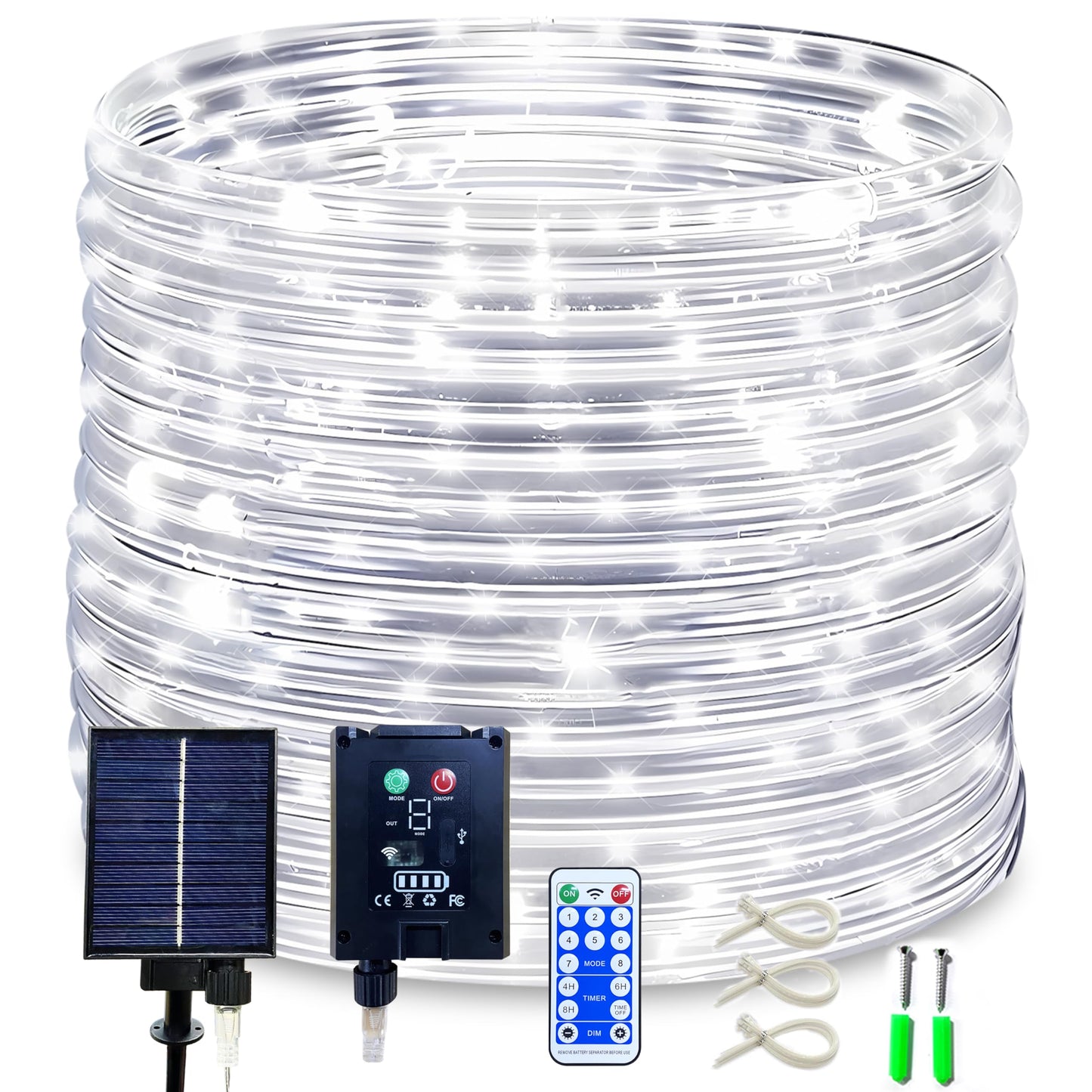KUshopfast Solar Rope Lights, 50ft 500 LED, Waterproof Tube Lights, 8 Modes, Cool White, Model FTY0038