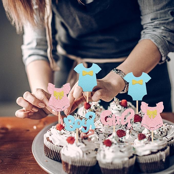 Rsstarxi 24pcs Cake Topper Paper Boy or Girl Toppers with Glitter Bow Tie Skirt, for Baby Shower, Birthday & Gender Reveal Party Decorations
