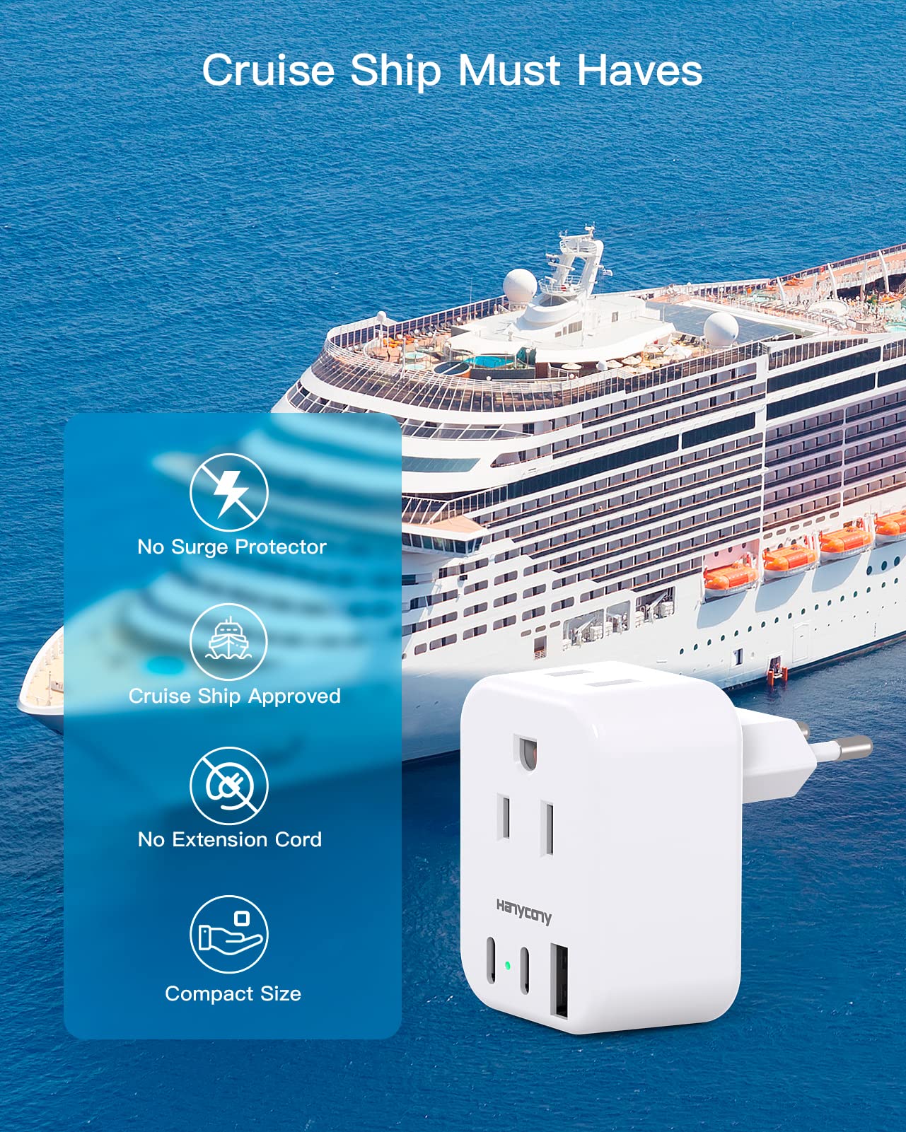 European Travel Plug Adapter Usb C, Hanycony International Plug Adapter, Us To Europe Adapter Plug 2 Outlets 3 Usb Ports(2 C Por
