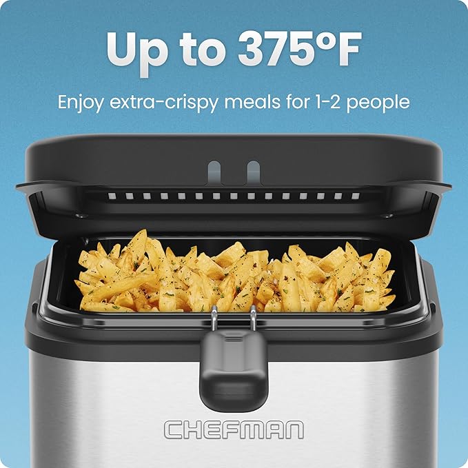 Chefman Fry Guy 2.5 Quart / 10 Cup Deep Fryer with Wire Basket, Hinged Lid with Viewing Window, Adjustable Temperature, Perfect for Fried Chicken, Shrimp, French Fries, & Chips – Stainless Steel