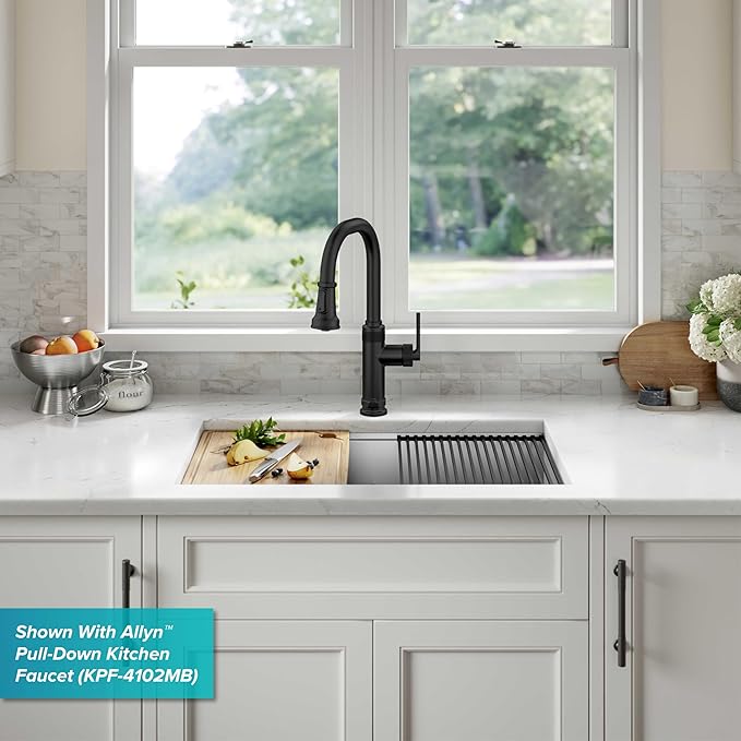 KRAUS KWU112-33 Kore Workstation 33-inch Undermount 16 Gauge Double Bowl Stainless Steel Kitchen Sink with Integrated Ledge and Accessories (Pack of 8)