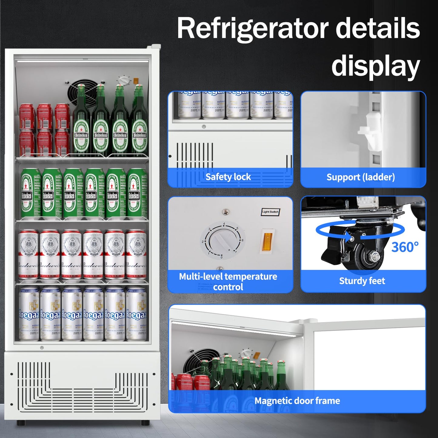 BINGERMA 6.5 Cu.Ft Commercial Beverage Refrigerator Glass Door Upright Drink Cooler Display Fridge with Adjustable Shelves and LED Light for Restaurant Bar Store Office White