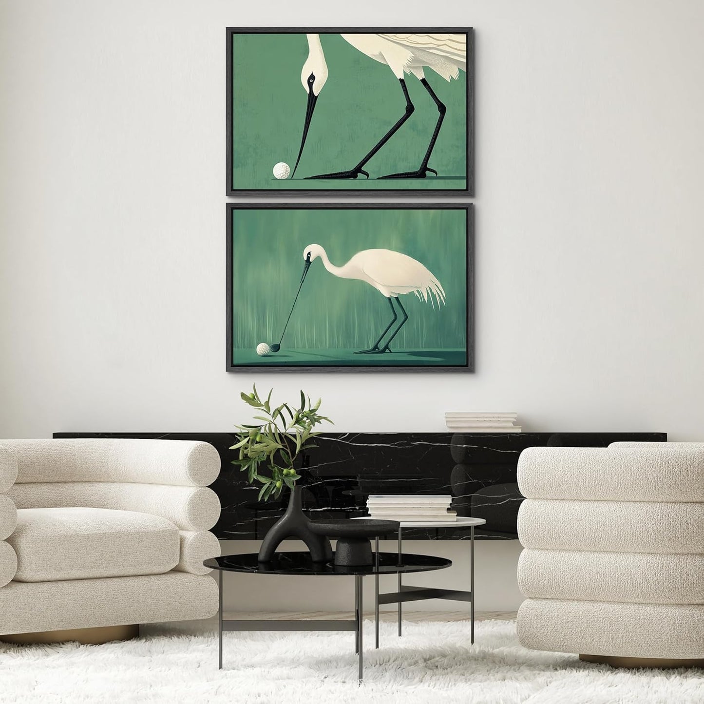 SIGNWIN Framed Canvas Print Wall Art Set Funny Crane Playing Golf Whimsical Bird Illustrations Modern Art Rustic Minimal for Living Room, Bedroom, Office - 16"x24"x2 Black