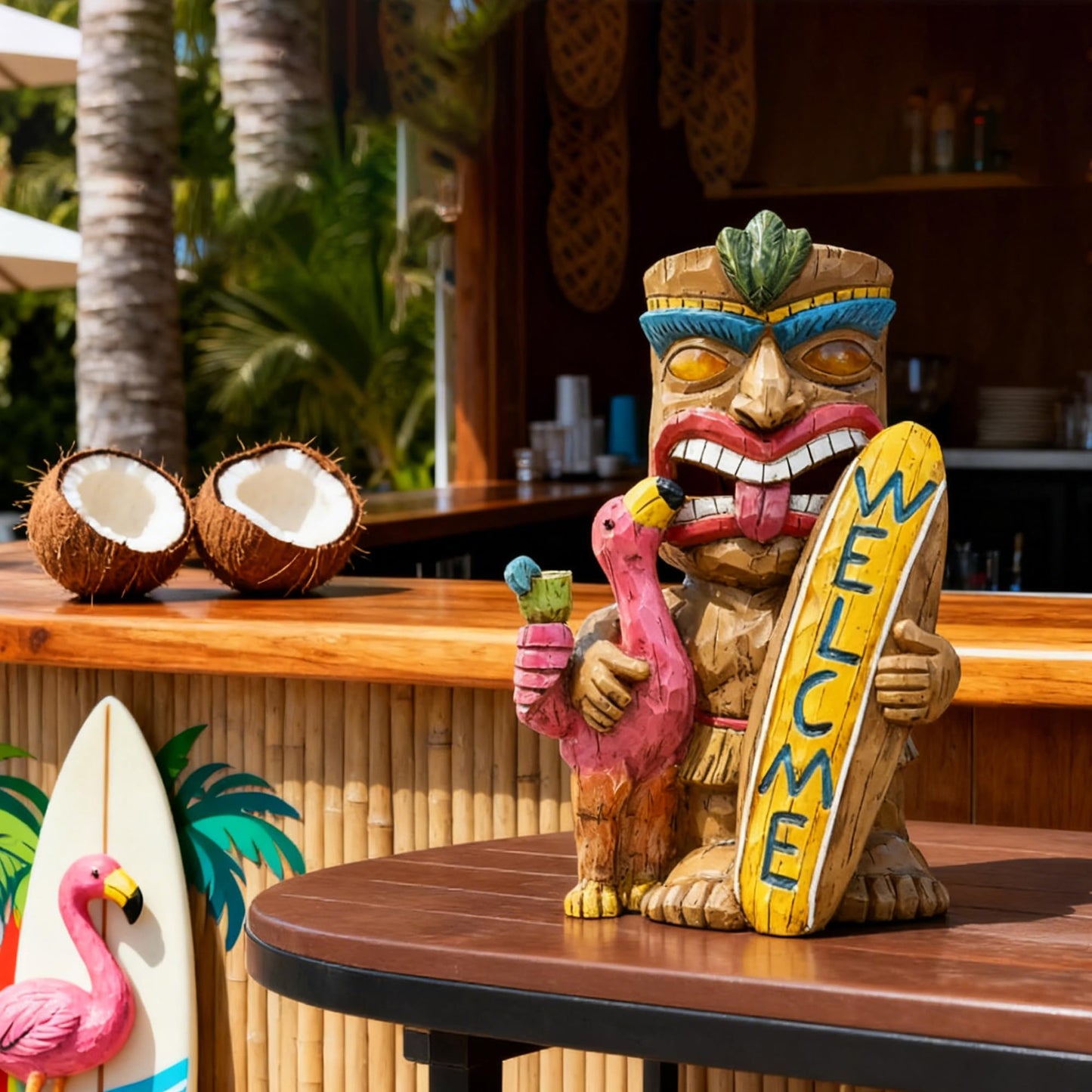 Eptuega Solar Tiki Bar Flamingo Statue - 11.42 Resin Welcome Sign For Patio, Yard, Balcony Decor