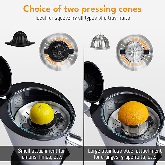 LEBENLANG Electric citrus juicer with high juice yield | Orange juicer squeezer 200W + 2 cones I Exprimidor de limones electrico Small juicers machine mini for citrus lemon Esprimidoras naranjas jugo